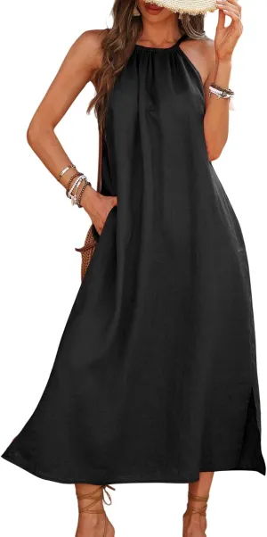 Women's Linen Midi Dress Halter 100% Linen Split Dresses with Pocket