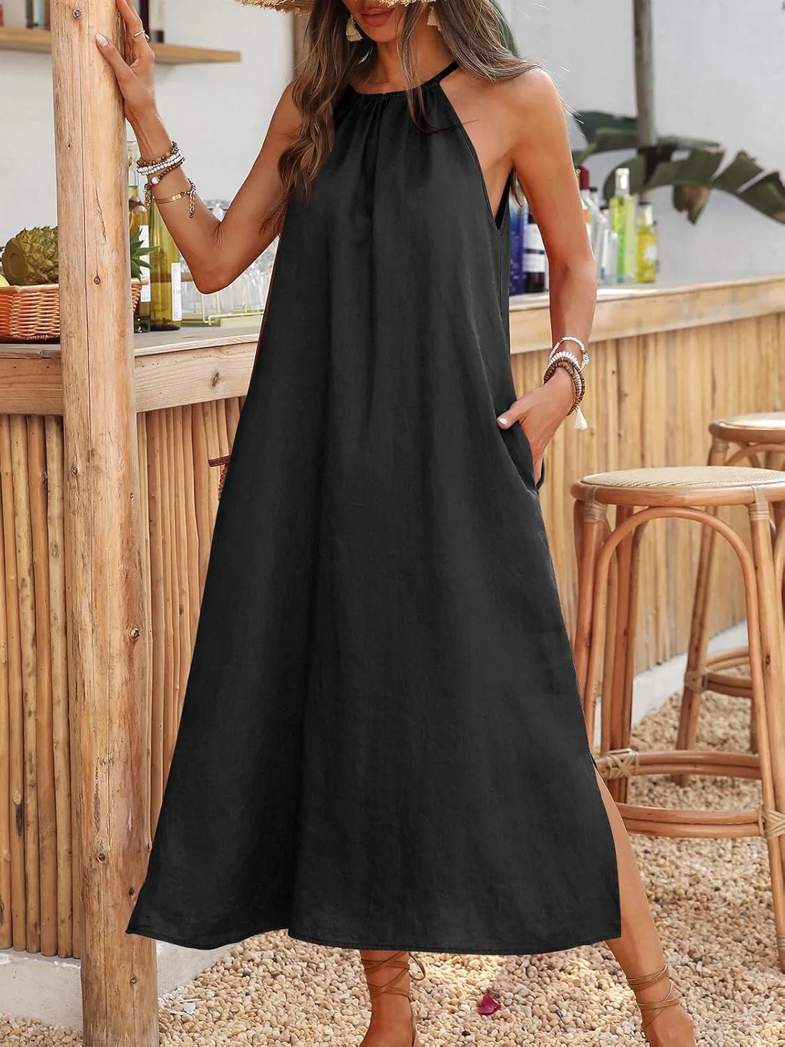 Women's Linen Midi Dress Halter 100% Linen Split Dresses with Pocket