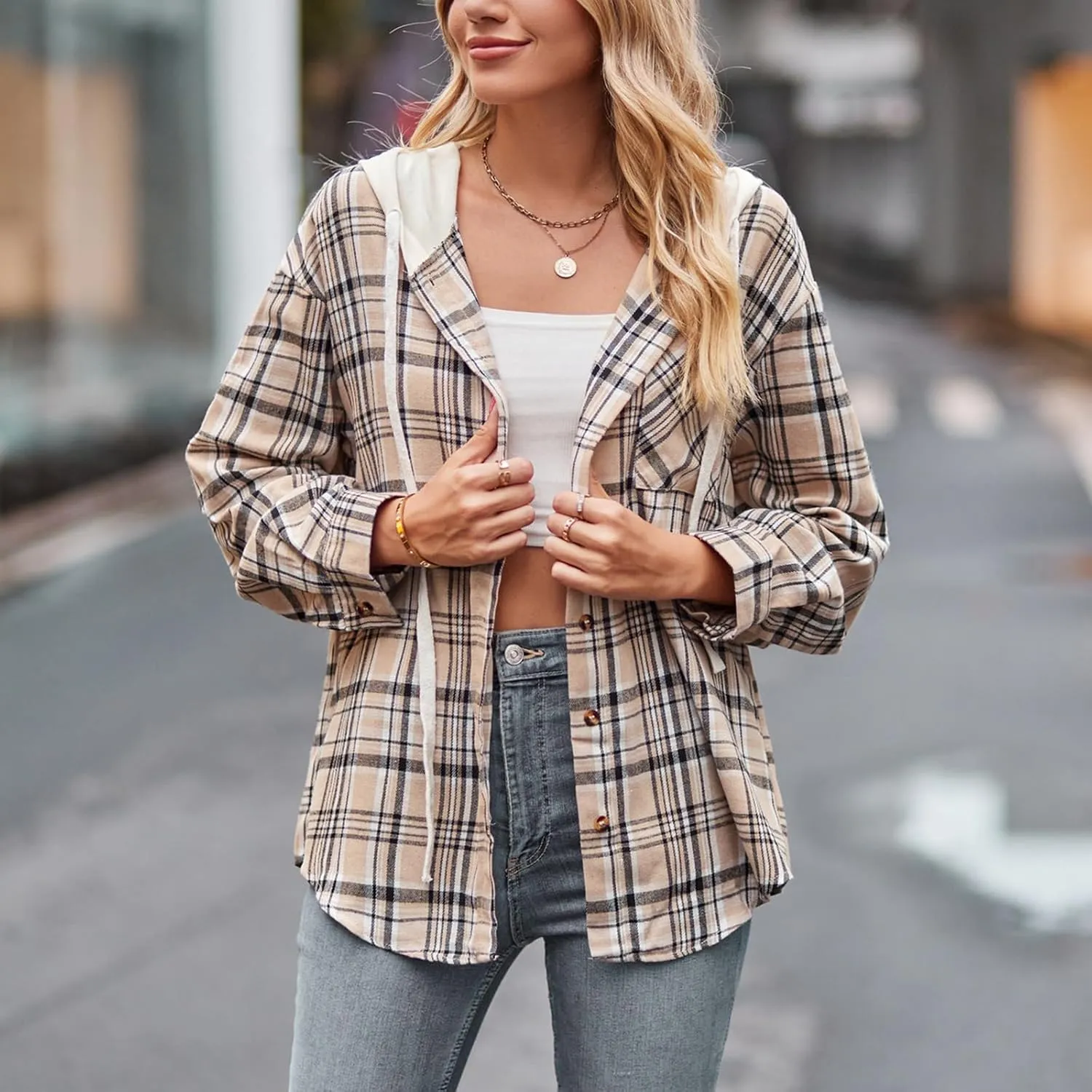 Womens Long Sleeve Plaid Hoodie Jacket Button Down Casual Boyfriend Blouse Shirts Tops Flannel Shirts with Pocket