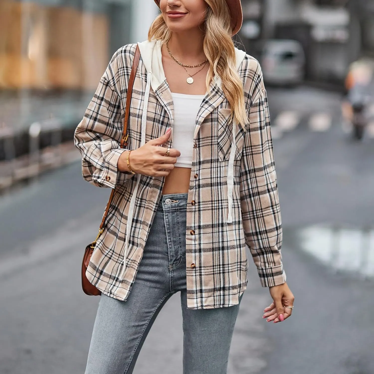 Womens Long Sleeve Plaid Hoodie Jacket Button Down Casual Boyfriend Blouse Shirts Tops Flannel Shirts with Pocket