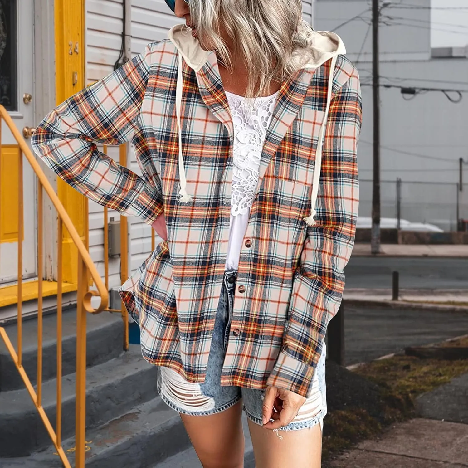 Womens Long Sleeve Plaid Hoodie Jacket Button Down Casual Boyfriend Blouse Shirts Tops Flannel Shirts with Pocket