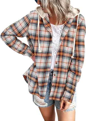 Womens Long Sleeve Plaid Hoodie Jacket Button Down Casual Boyfriend Blouse Shirts Tops Flannel Shirts with Pocket