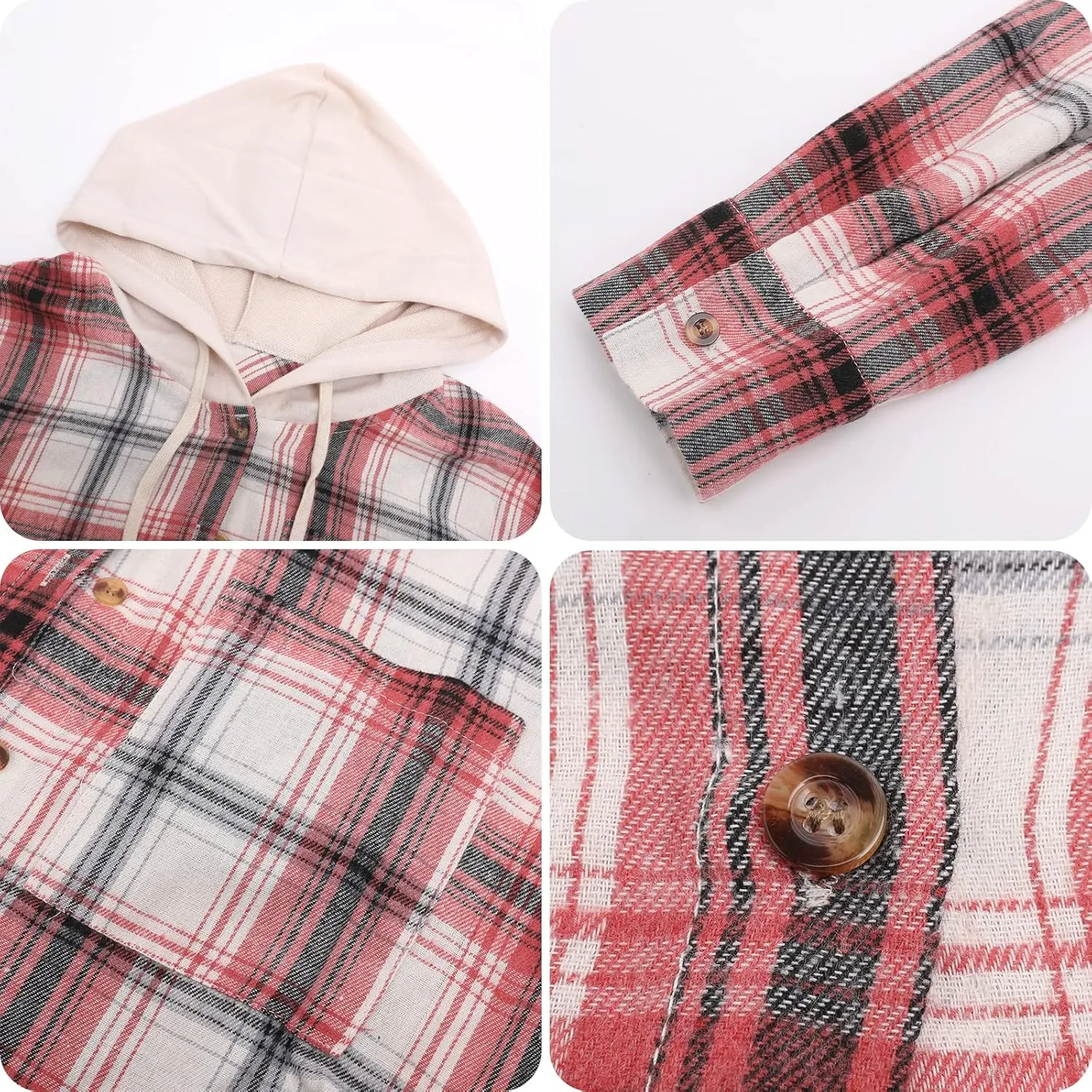 Womens Long Sleeve Plaid Hoodie Jacket Button Down Casual Boyfriend Blouse Shirts Tops Flannel Shirts with Pocket