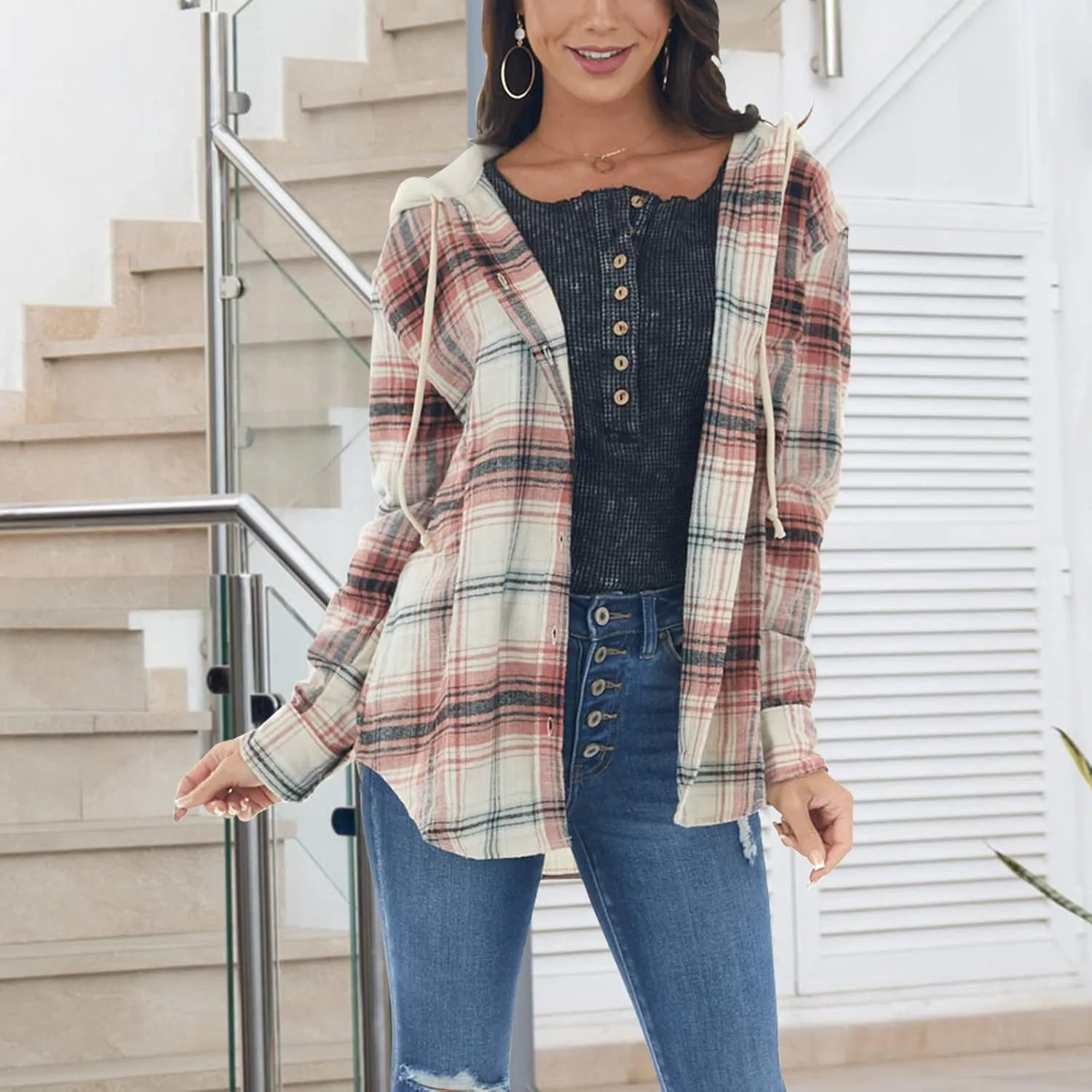 Womens Long Sleeve Plaid Hoodie Jacket Button Down Casual Boyfriend Blouse Shirts Tops Flannel Shirts with Pocket