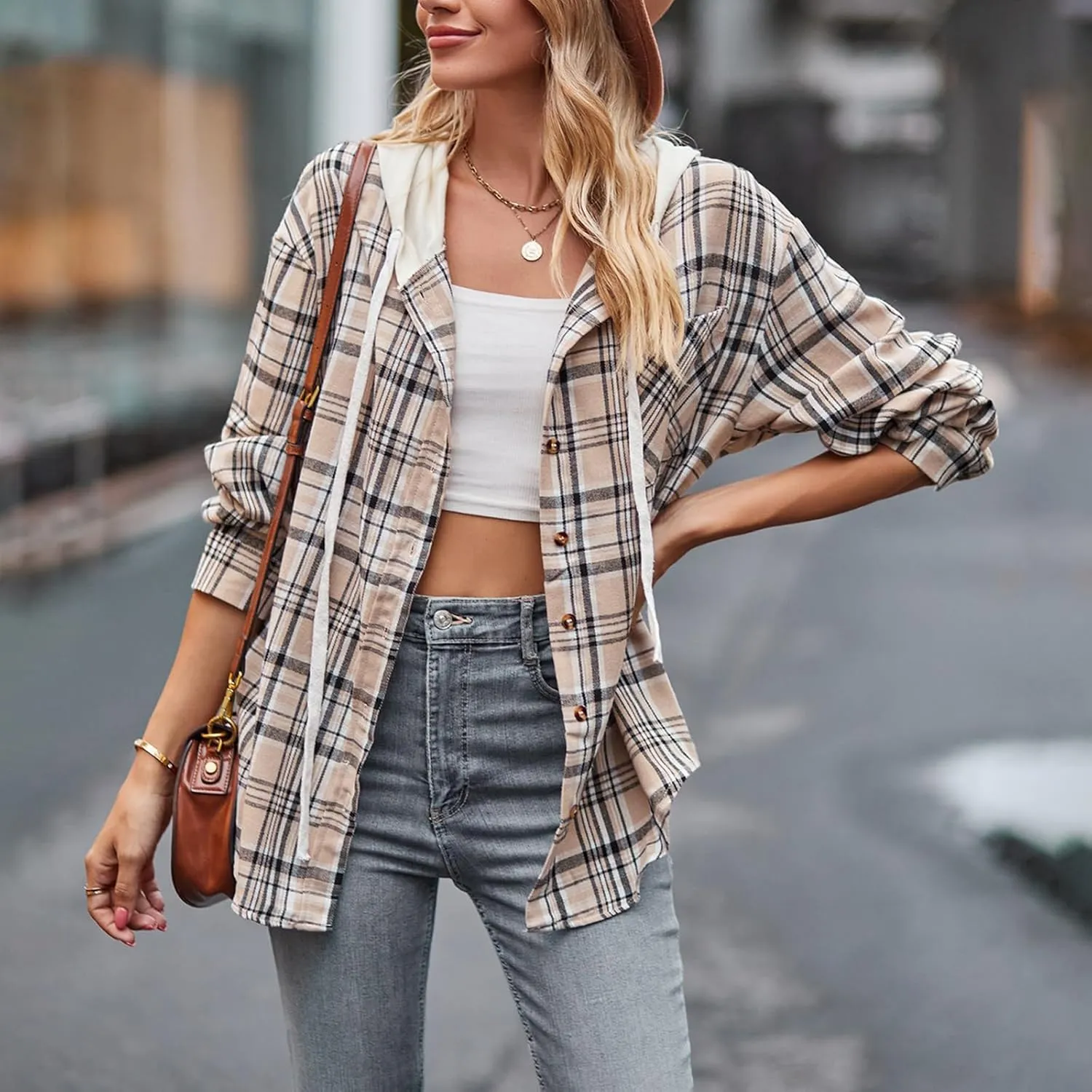 Womens Long Sleeve Plaid Hoodie Jacket Button Down Casual Boyfriend Blouse Shirts Tops Flannel Shirts with Pocket
