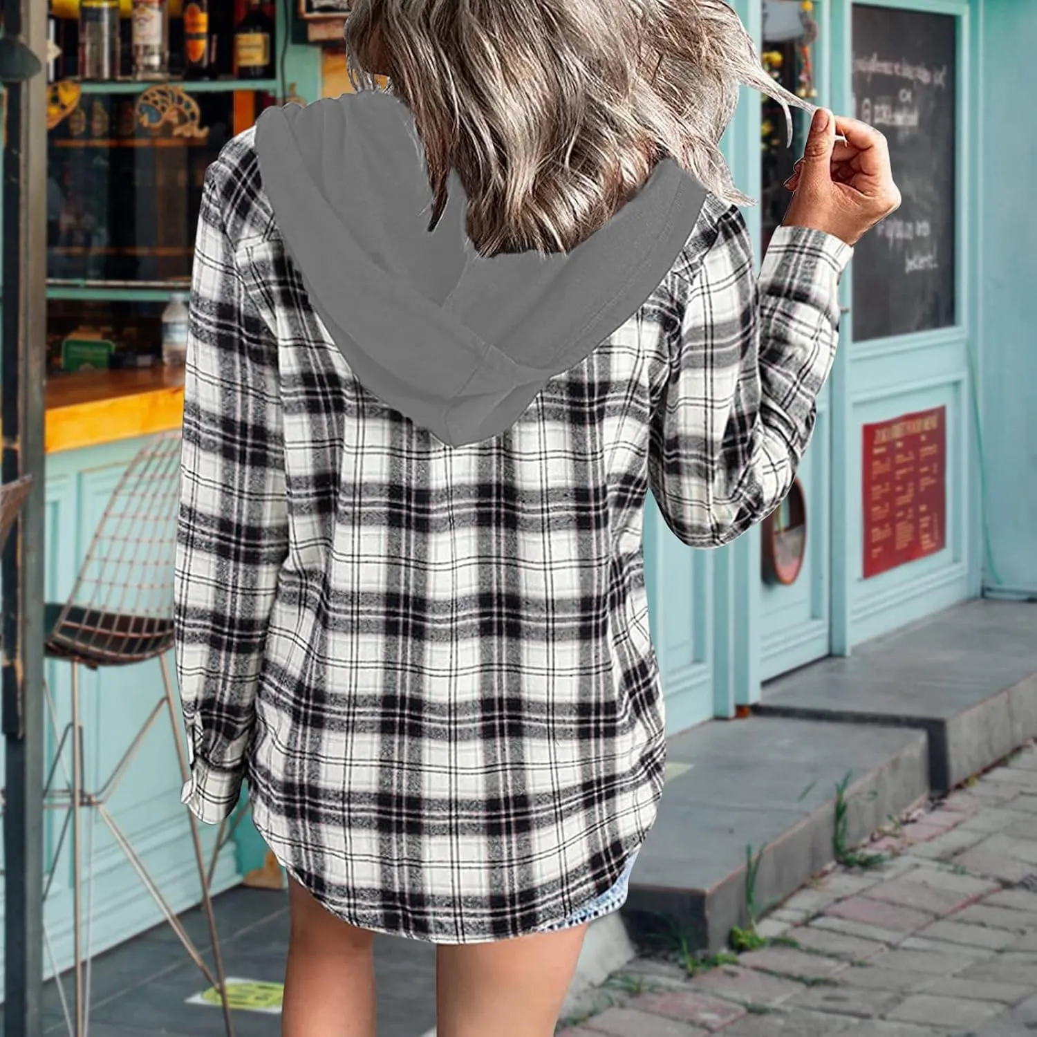 Womens Long Sleeve Plaid Hoodie Jacket Button Down Casual Boyfriend Blouse Shirts Tops Flannel Shirts with Pocket