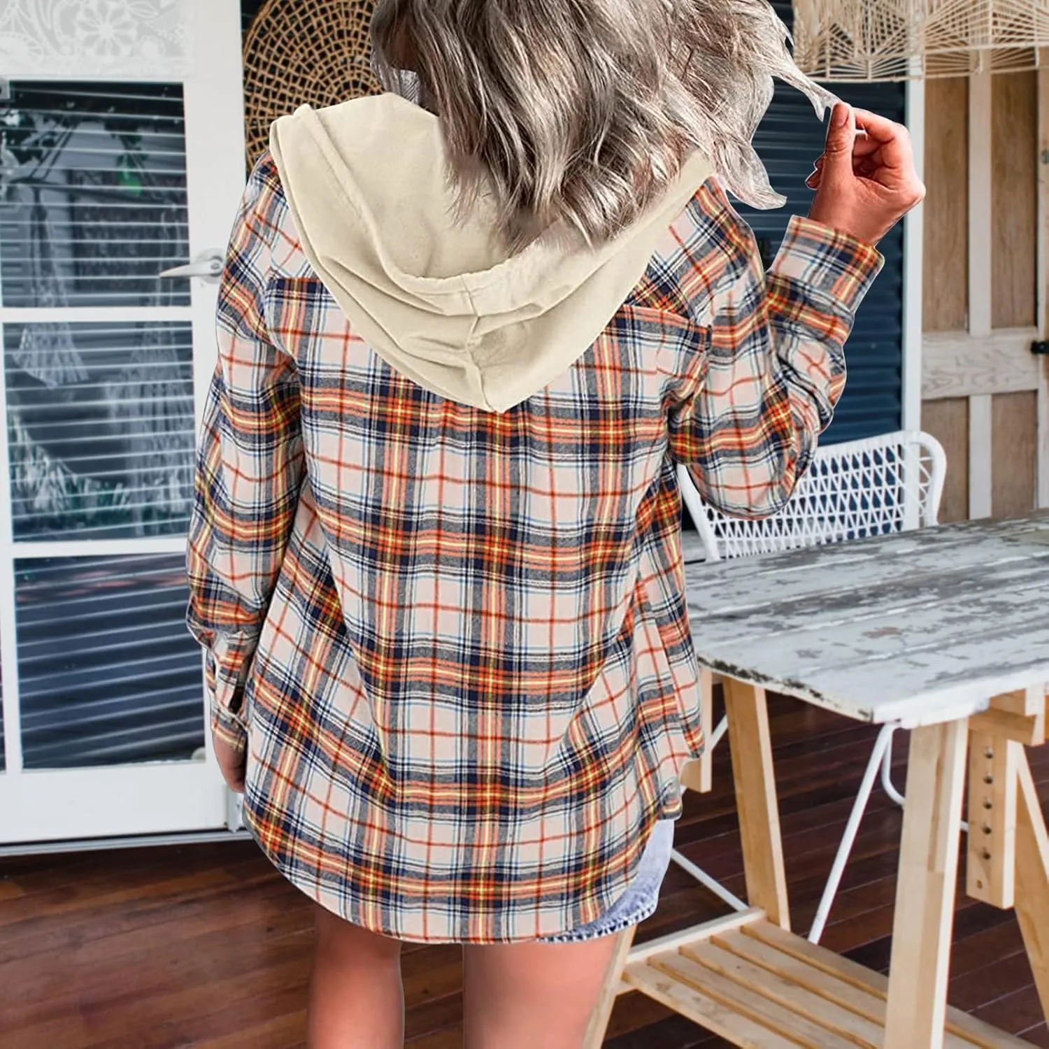 Womens Long Sleeve Plaid Hoodie Jacket Button Down Casual Boyfriend Blouse Shirts Tops Flannel Shirts with Pocket