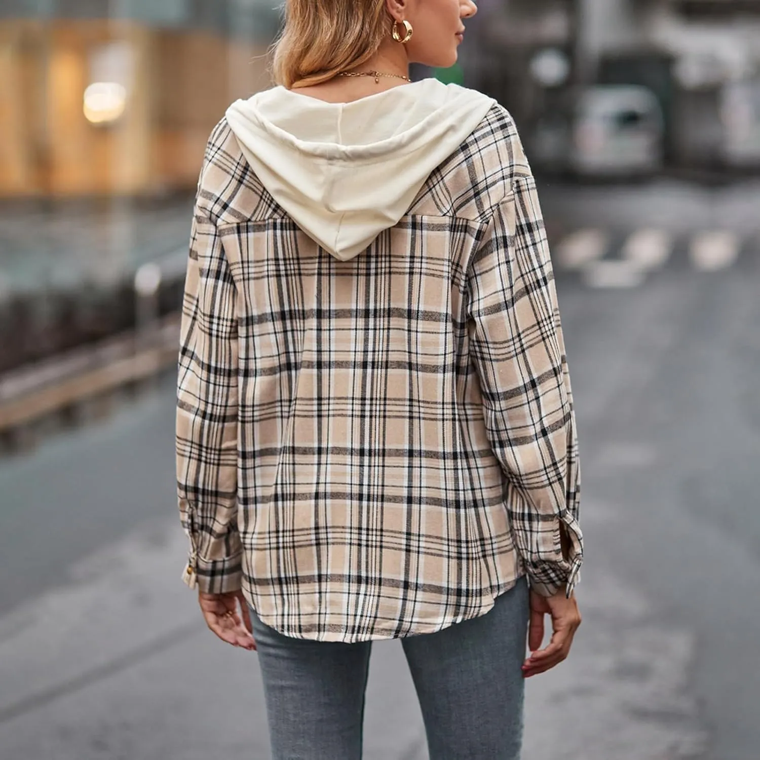 Womens Long Sleeve Plaid Hoodie Jacket Button Down Casual Boyfriend Blouse Shirts Tops Flannel Shirts with Pocket