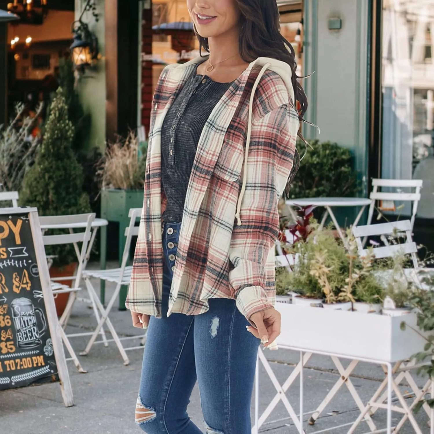 Womens Long Sleeve Plaid Hoodie Jacket Button Down Casual Boyfriend Blouse Shirts Tops Flannel Shirts with Pocket