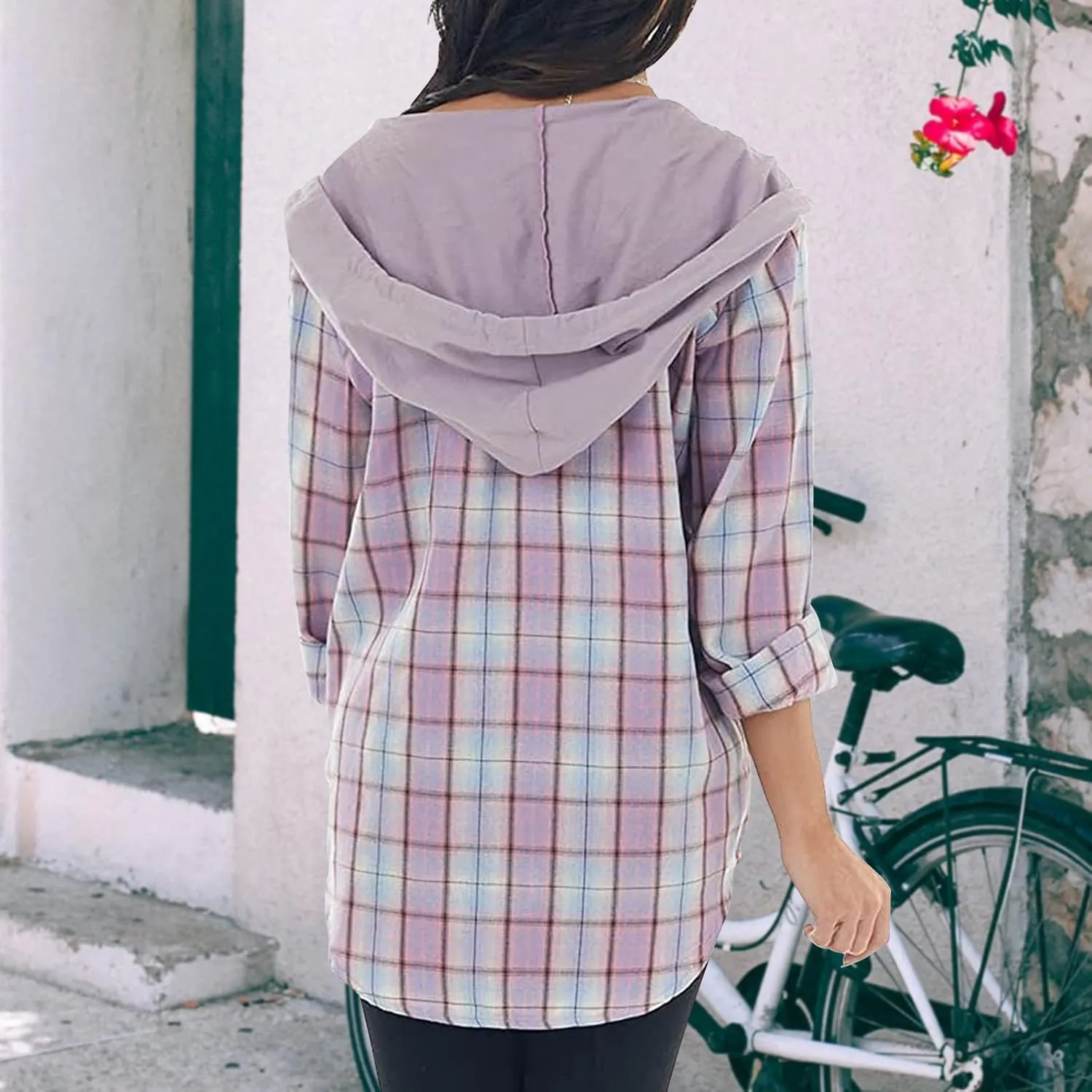 Womens Long Sleeve Plaid Hoodie Jacket Button Down Casual Boyfriend Blouse Shirts Tops Flannel Shirts with Pocket