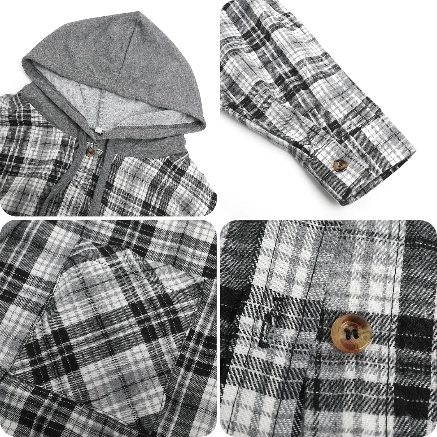 Womens Long Sleeve Plaid Hoodie Jacket Button Down Casual Boyfriend Blouse Shirts Tops Flannel Shirts with Pocket