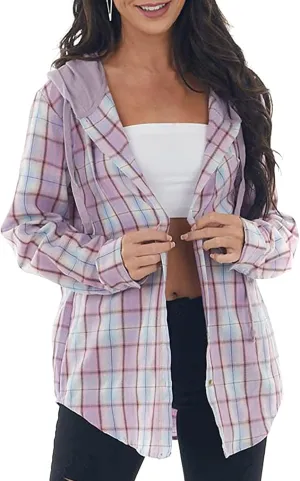 Womens Long Sleeve Plaid Hoodie Jacket Button Down Casual Boyfriend Blouse Shirts Tops Flannel Shirts with Pocket
