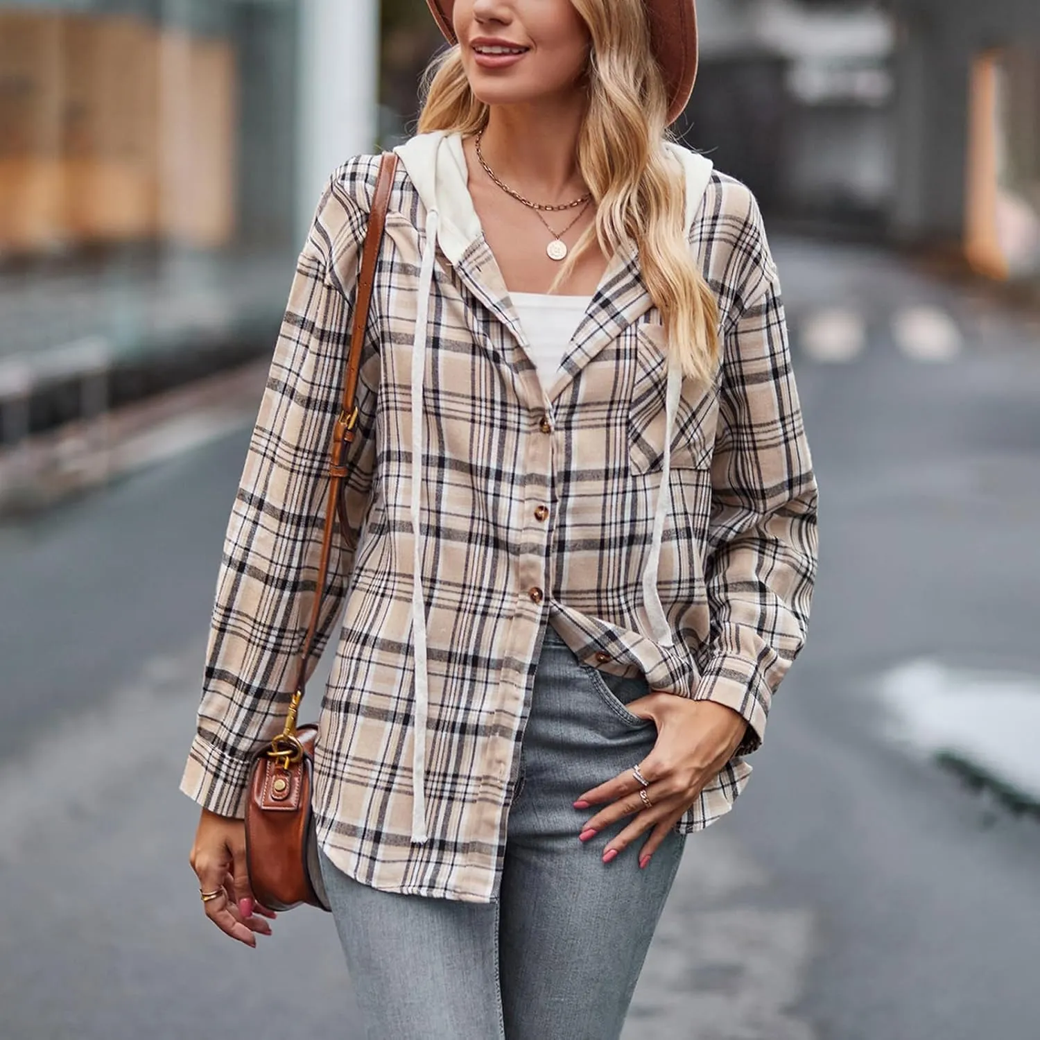 Womens Long Sleeve Plaid Hoodie Jacket Button Down Casual Boyfriend Blouse Shirts Tops Flannel Shirts with Pocket
