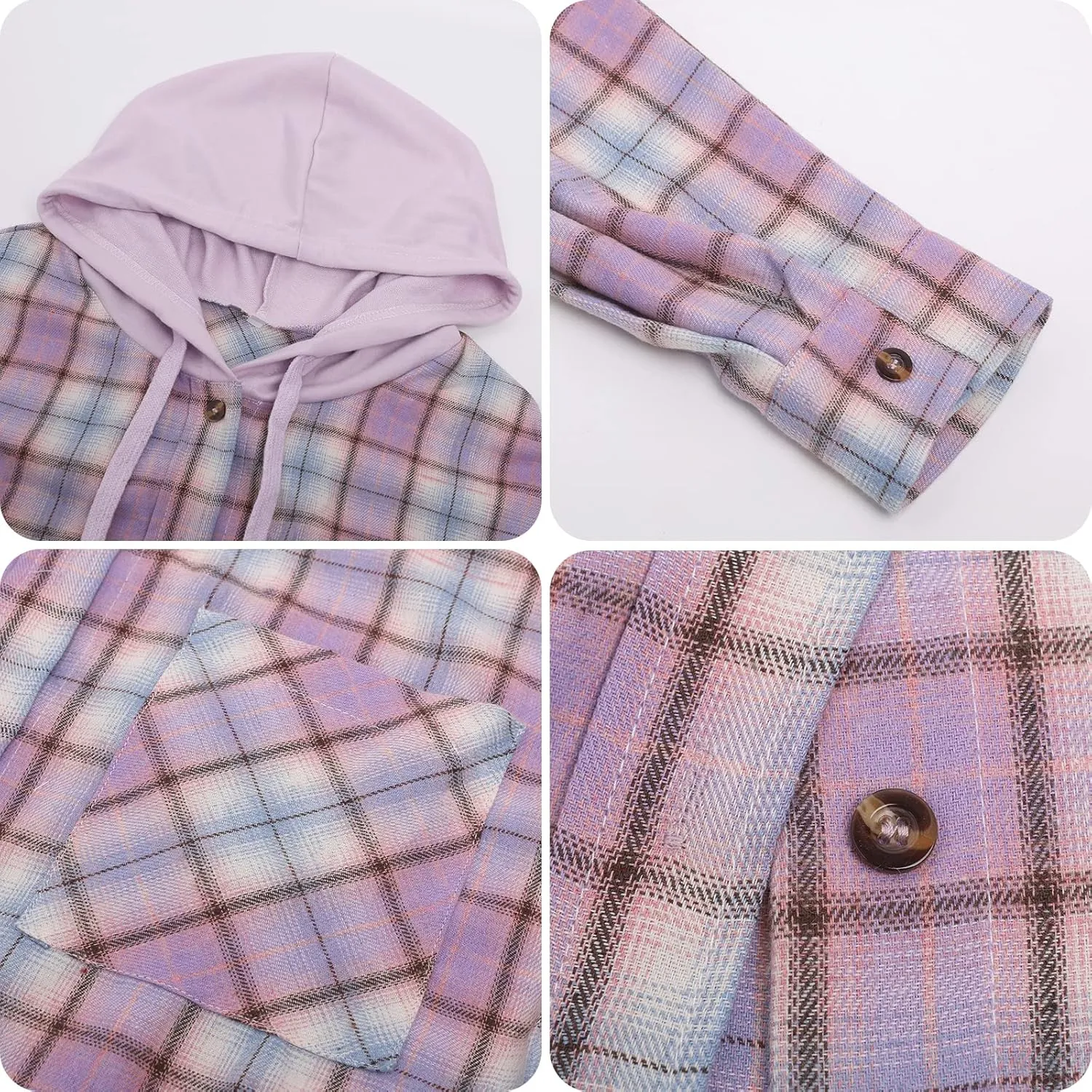 Womens Long Sleeve Plaid Hoodie Jacket Button Down Casual Boyfriend Blouse Shirts Tops Flannel Shirts with Pocket