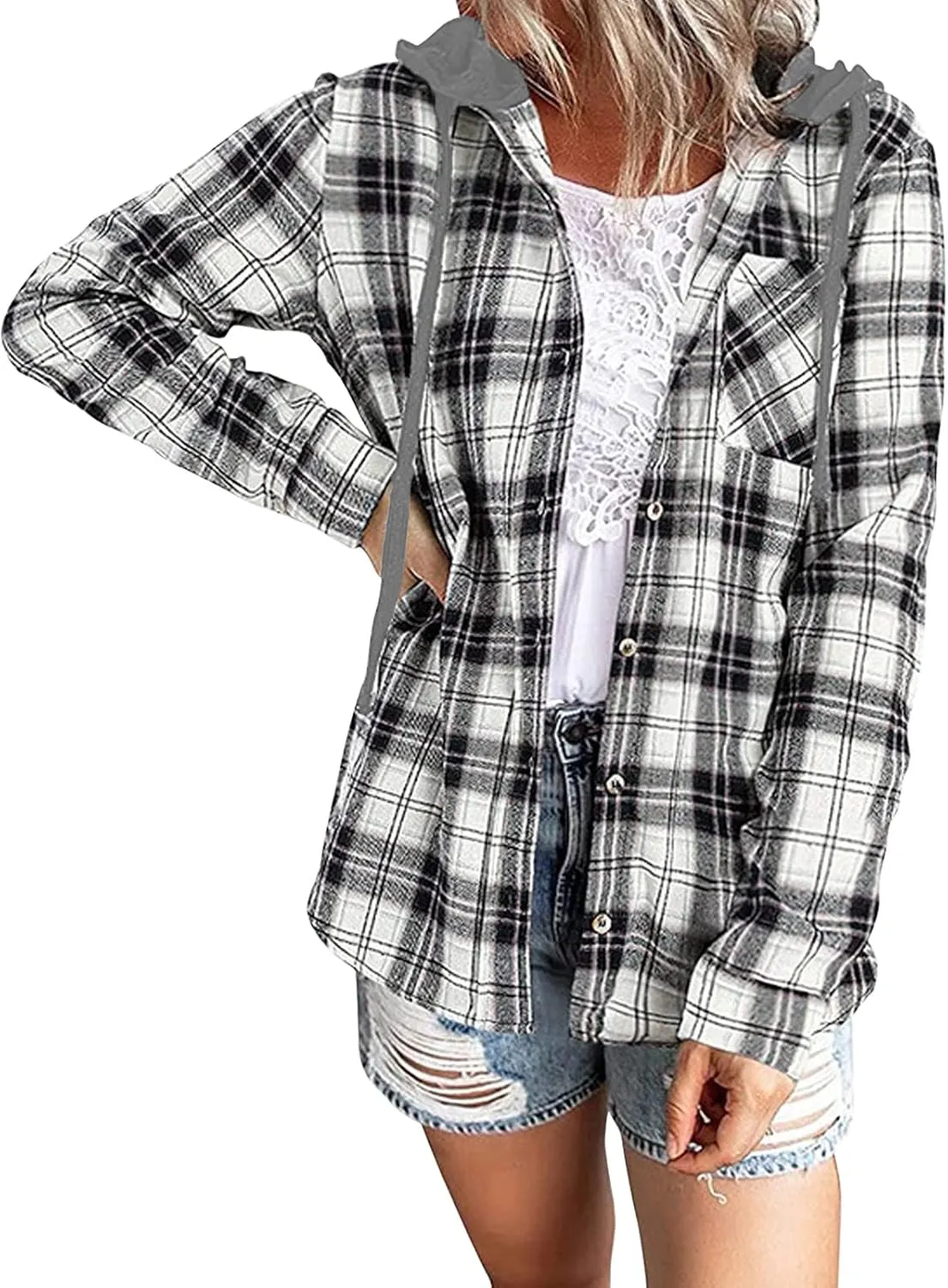 Womens Long Sleeve Plaid Hoodie Jacket Button Down Casual Boyfriend Blouse Shirts Tops Flannel Shirts with Pocket