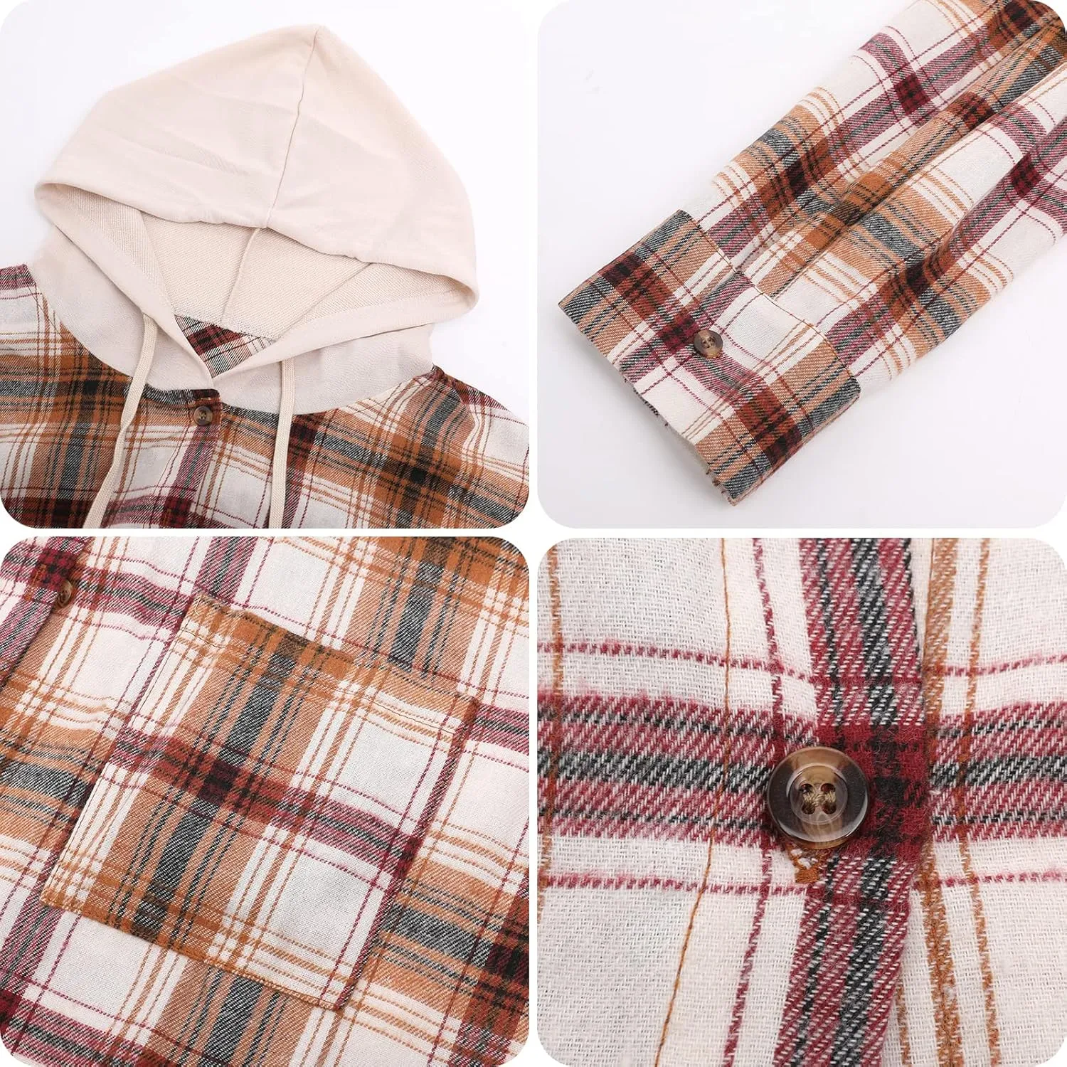 Womens Long Sleeve Plaid Hoodie Jacket Button Down Casual Boyfriend Blouse Shirts Tops Flannel Shirts with Pocket