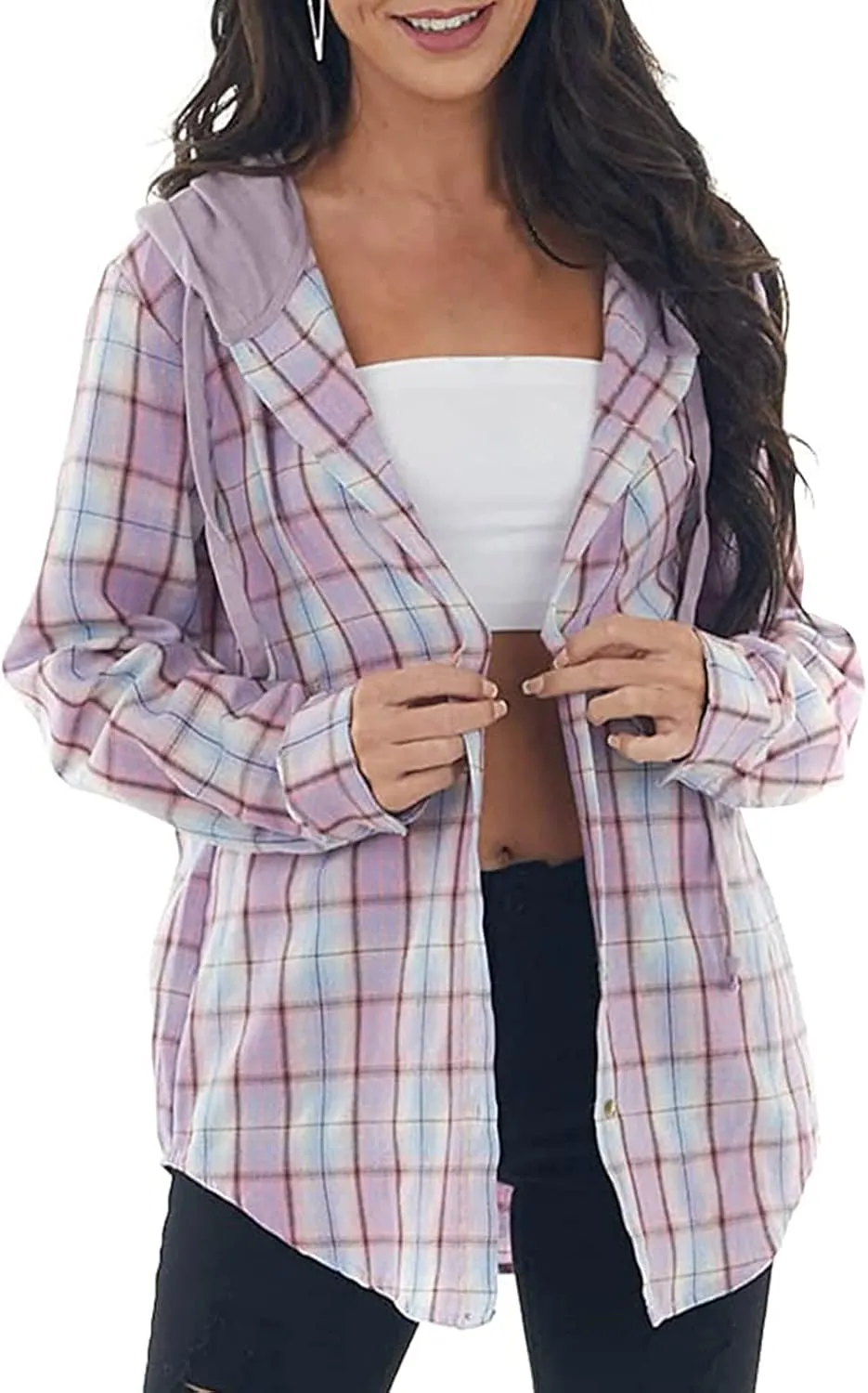 Womens Long Sleeve Plaid Hoodie Jacket Button Down Casual Boyfriend Blouse Shirts Tops Flannel Shirts with Pocket