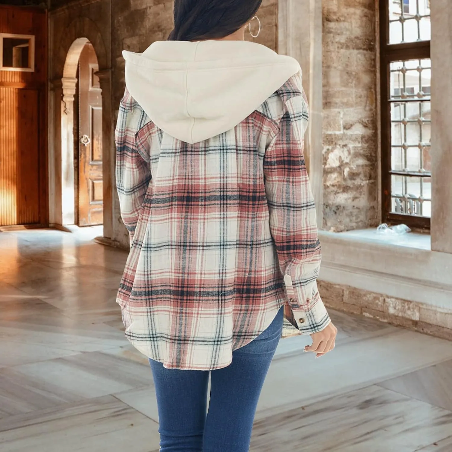 Womens Long Sleeve Plaid Hoodie Jacket Button Down Casual Boyfriend Blouse Shirts Tops Flannel Shirts with Pocket