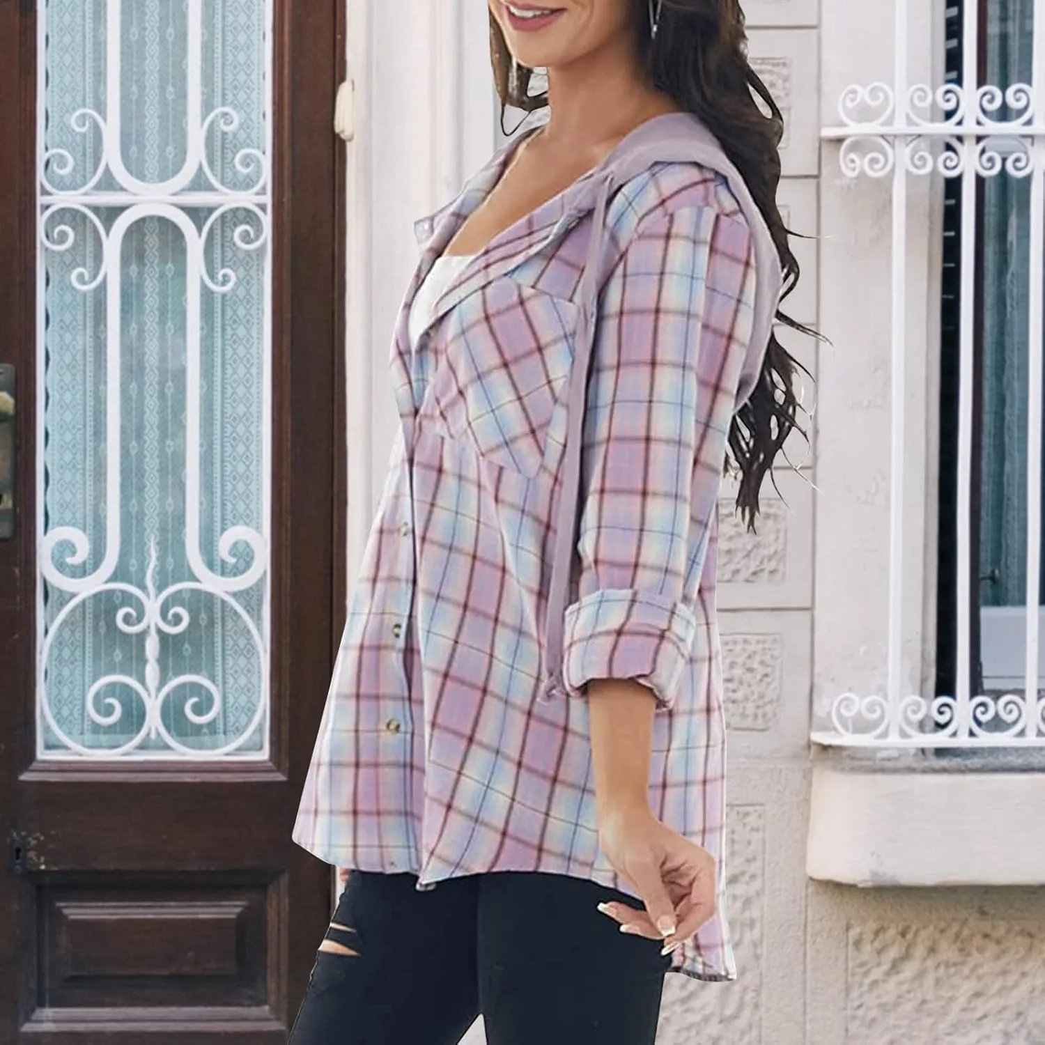 Womens Long Sleeve Plaid Hoodie Jacket Button Down Casual Boyfriend Blouse Shirts Tops Flannel Shirts with Pocket