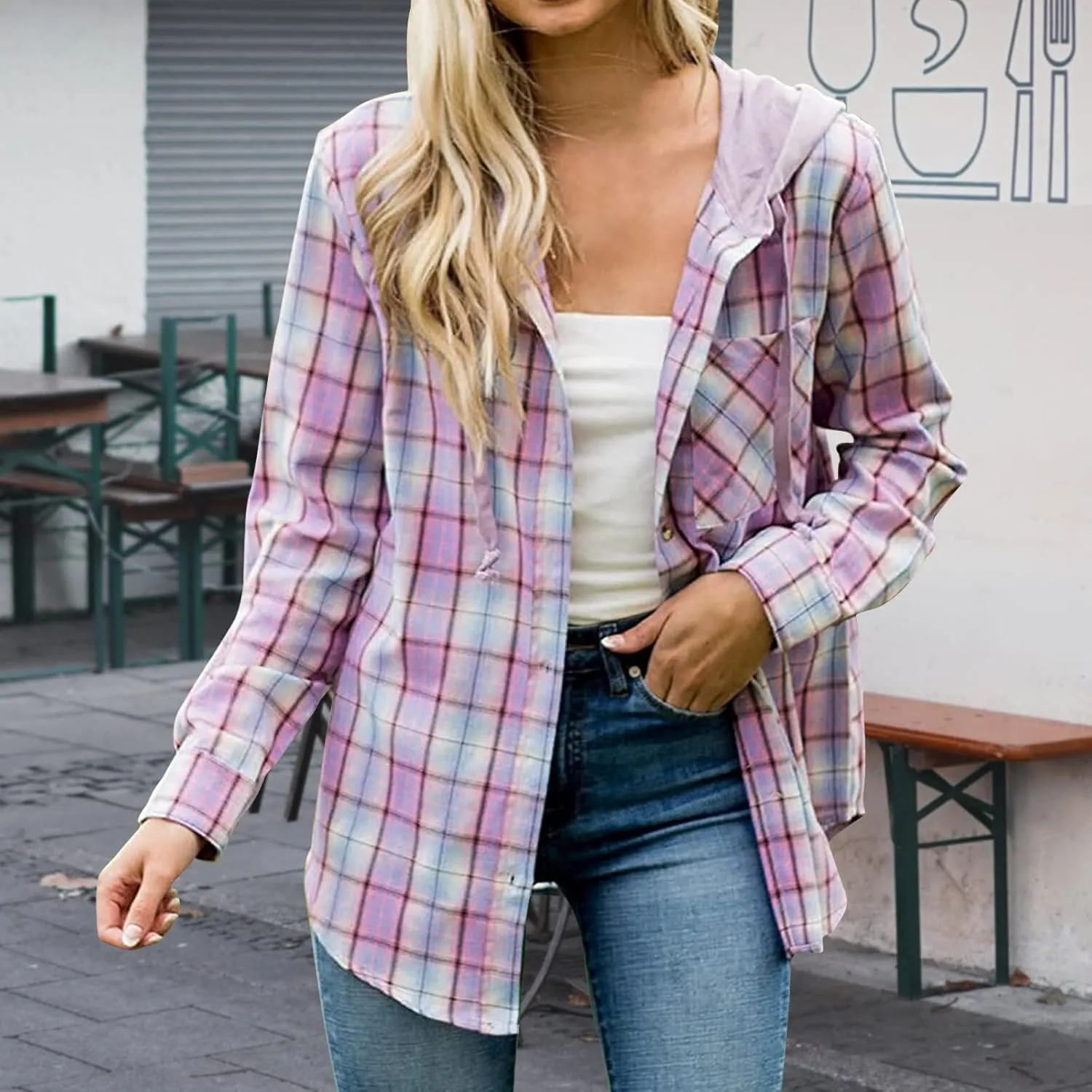 Womens Long Sleeve Plaid Hoodie Jacket Button Down Casual Boyfriend Blouse Shirts Tops Flannel Shirts with Pocket