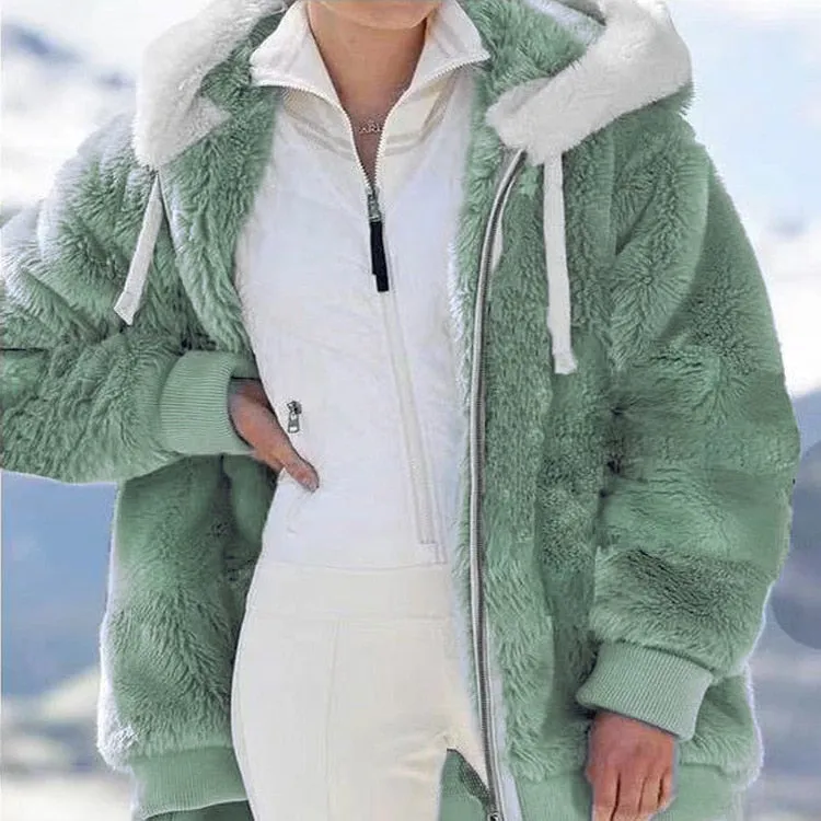Women's Loose Plush Zipper Hooded Jacket