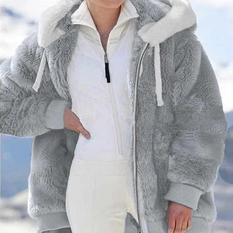 Women's Loose Plush Zipper Hooded Jacket