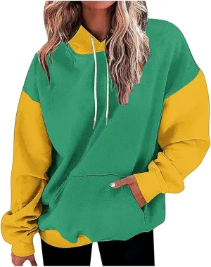 Women's Oversized Hoodies Fall Fashion Long Sleeve Hooded Sweatshirt Trendy Color Block Patchwork Y2k Pullover Tops