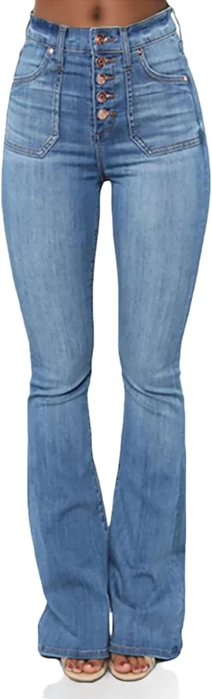 Women's Retro Style Skinny Bell Bottom Jeans Classic High Rise Button Fly Flare Jean