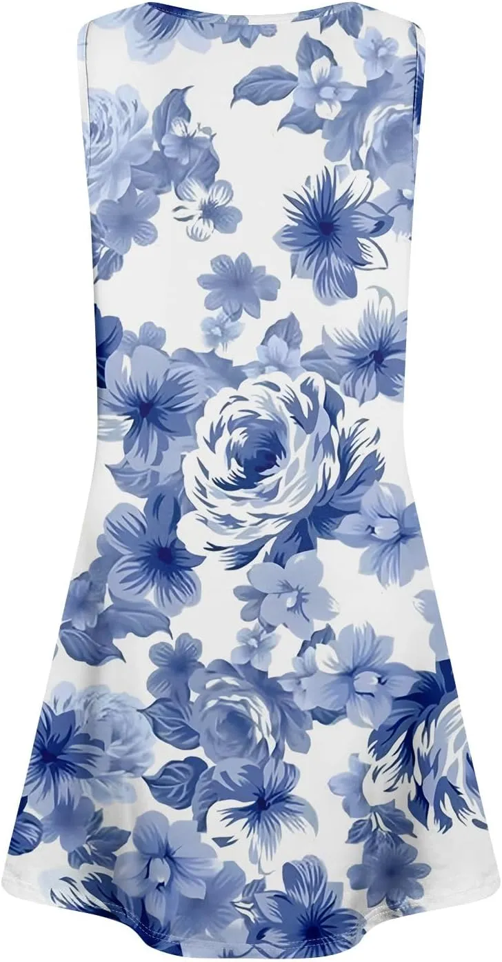 Women's Sleeveless Floral Print Casual A-Line Dress with Pockets, Summer Summer for Beach and Everyday Wear