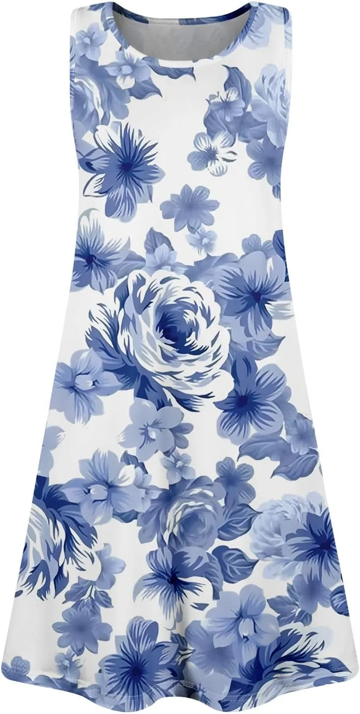 Women's Sleeveless Floral Print Casual A-Line Dress with Pockets, Summer Summer for Beach and Everyday Wear