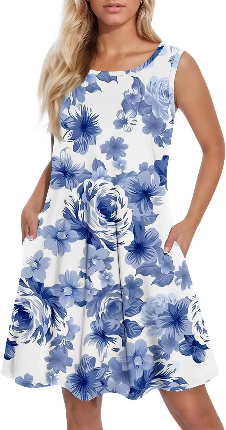 Women's Sleeveless Floral Print Casual A-Line Dress with Pockets, Summer Summer for Beach and Everyday Wear