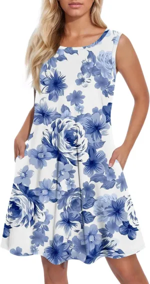 Women's Sleeveless Floral Print Casual A-Line Dress with Pockets, Summer Summer for Beach and Everyday Wear