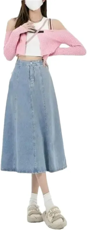 Women's Slim Fit Mid-Length A-Line Draped Umbrella Skirt High-Waisted Elastic Waist Denim Long Dress
