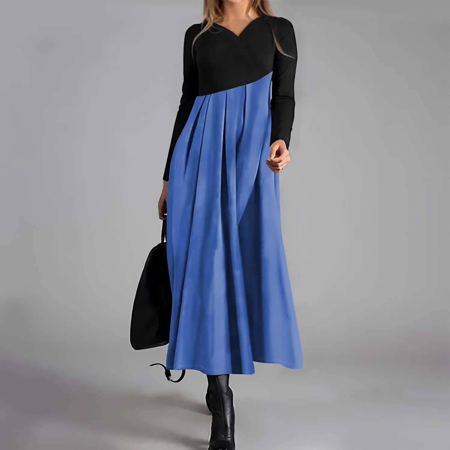 Womens Spring Dresses 2025 V Neck Midi Long Sleeve Modest Boho Flowy Vacation Cruise Western Dress