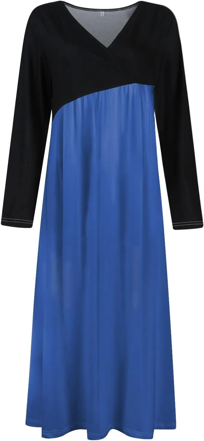 Womens Spring Dresses 2025 V Neck Midi Long Sleeve Modest Boho Flowy Vacation Cruise Western Dress