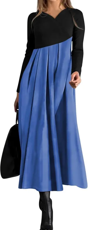 Womens Spring Dresses 2025 V Neck Midi Long Sleeve Modest Boho Flowy Vacation Cruise Western Dress
