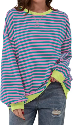 Womens Striped Oversized Sweatshirt Crewneck Long Sleeve Shirts Pullover Tops Trendy Loose Y2K Shirt