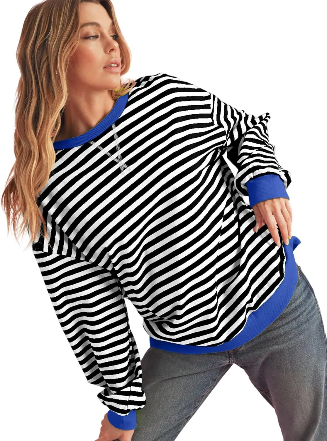 Womens Striped Oversized Sweatshirt Crewneck Long Sleeve Shirts Pullover Tops Trendy Loose Y2K Shirt
