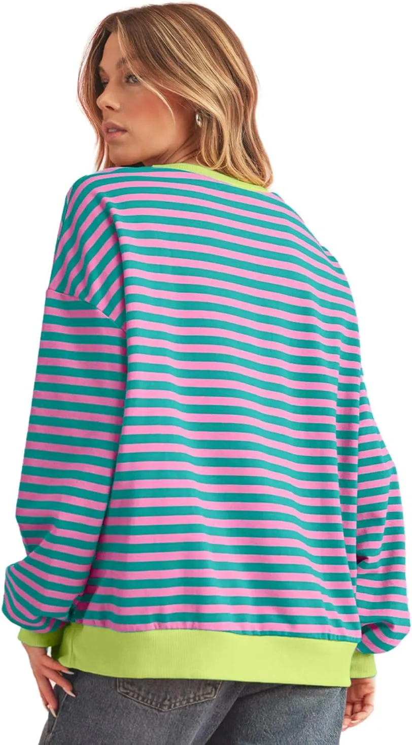 Womens Striped Oversized Sweatshirt Crewneck Long Sleeve Shirts Pullover Tops Trendy Loose Y2K Shirt