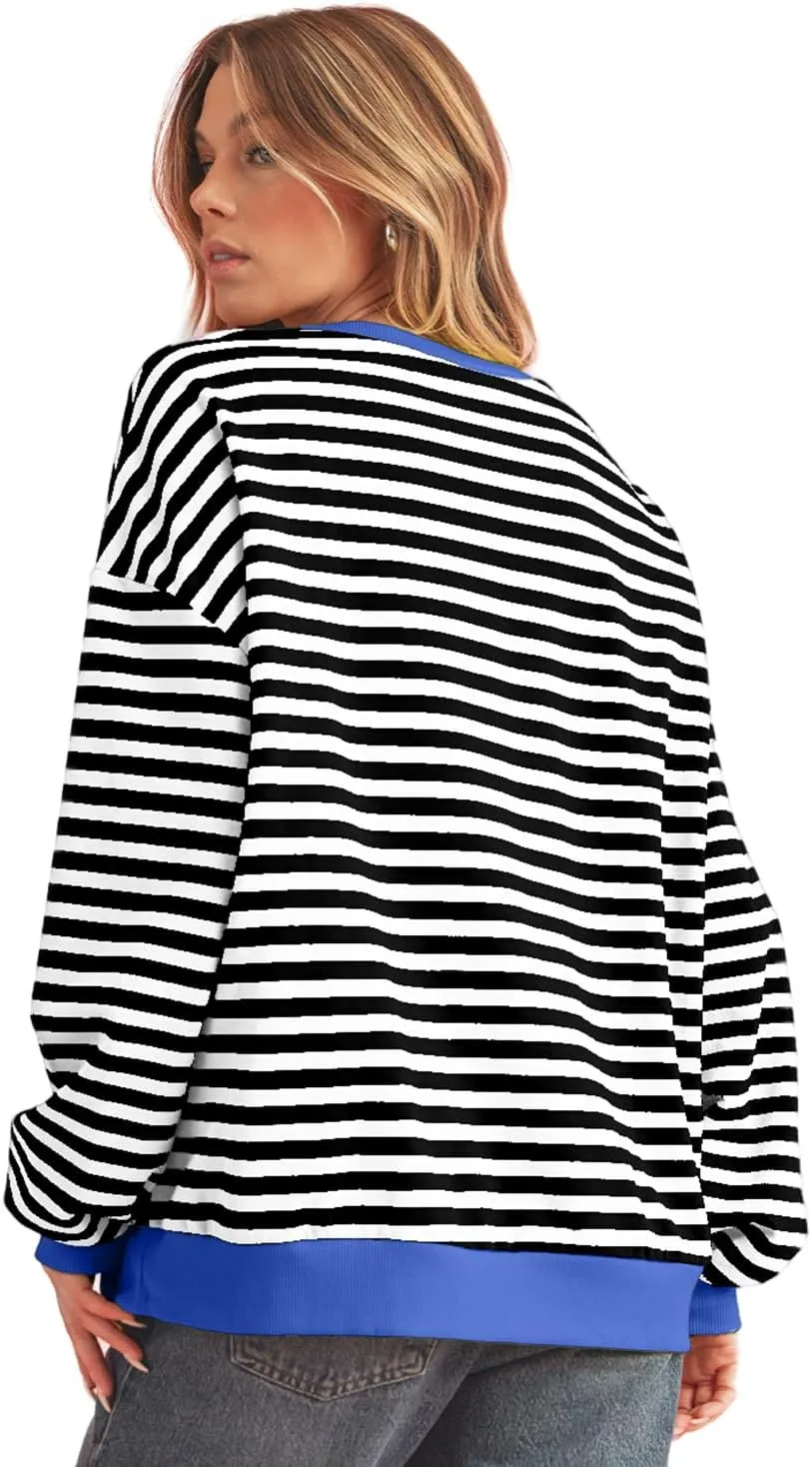 Womens Striped Oversized Sweatshirt Crewneck Long Sleeve Shirts Pullover Tops Trendy Loose Y2K Shirt