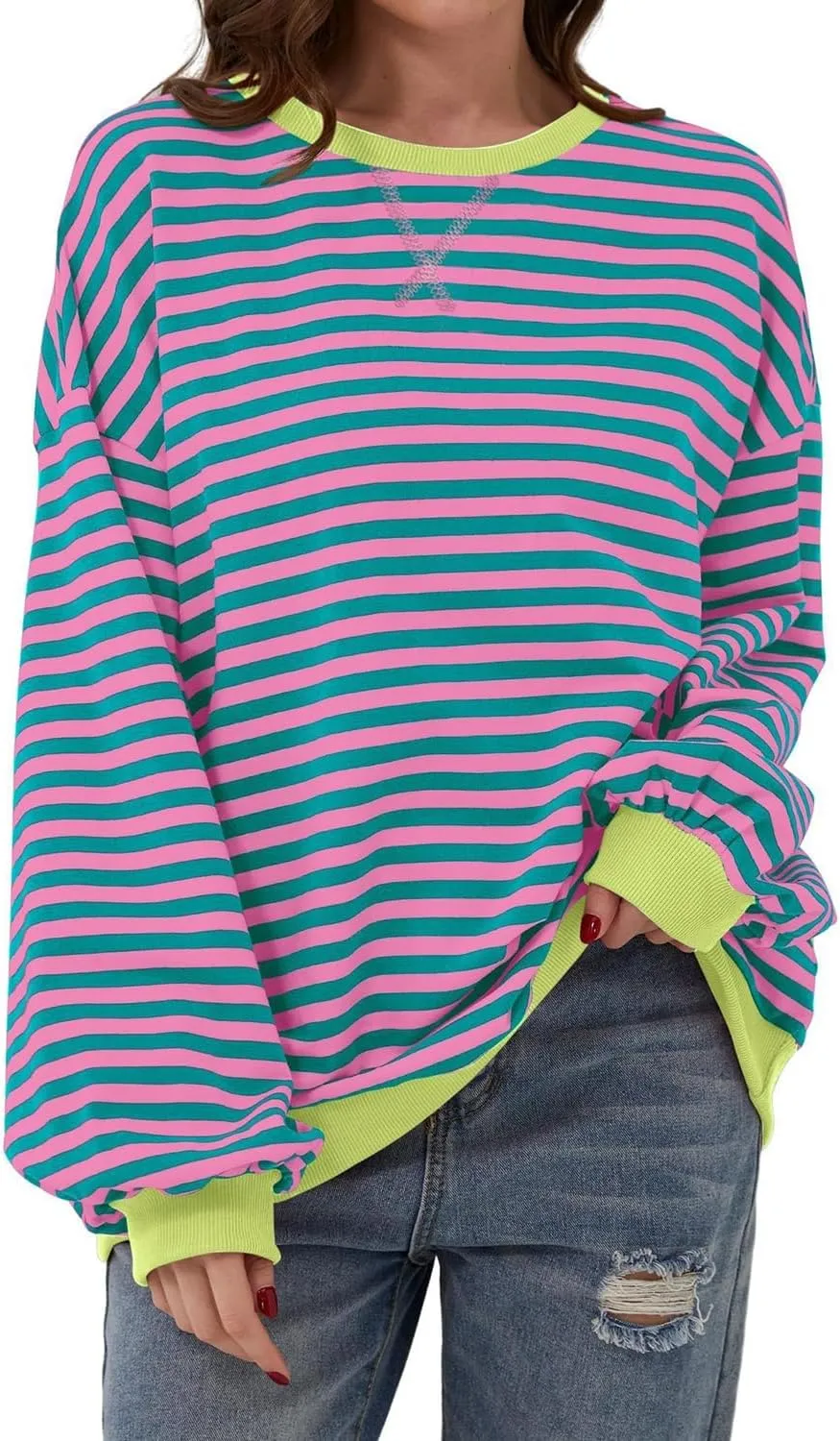 Womens Striped Oversized Sweatshirt Crewneck Long Sleeve Shirts Pullover Tops Trendy Loose Y2K Shirt