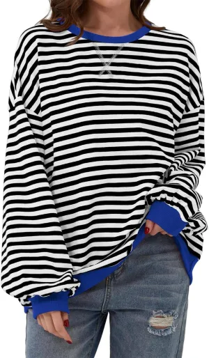 Womens Striped Oversized Sweatshirt Crewneck Long Sleeve Shirts Pullover Tops Trendy Loose Y2K Shirt