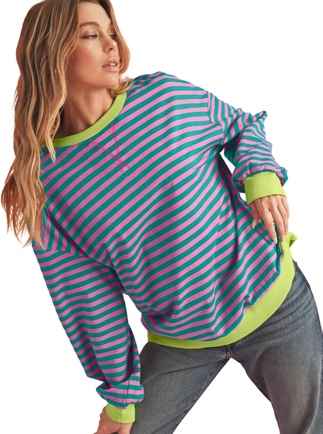 Womens Striped Oversized Sweatshirt Crewneck Long Sleeve Shirts Pullover Tops Trendy Loose Y2K Shirt