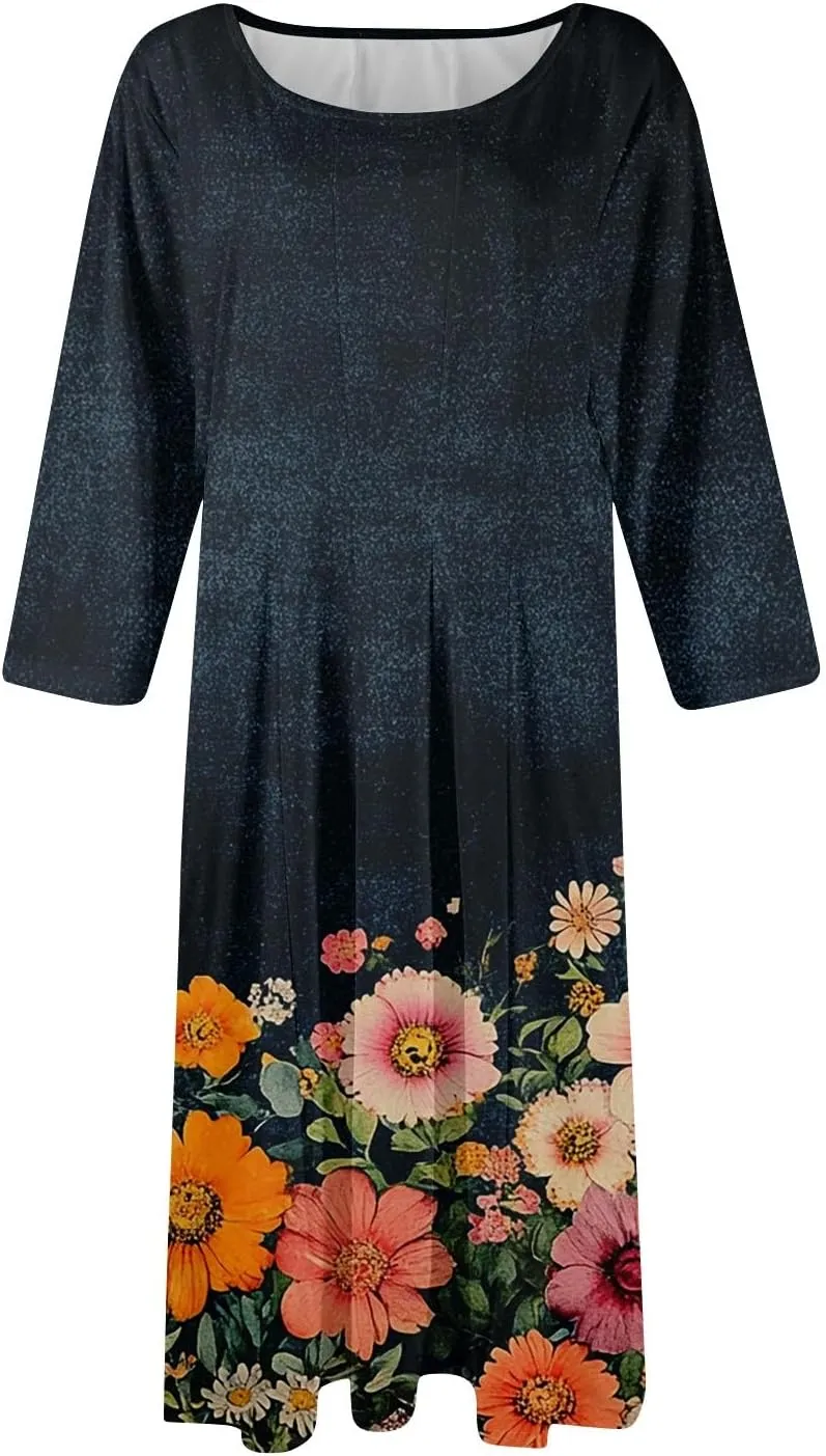 Women's Summer Casual Loose Trendy Crew Neck 3/4 Sleeve Floral Print Midi Boho Dresses 2025 Plus Size, S-3XL