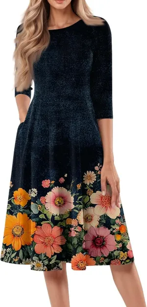 Women's Summer Casual Loose Trendy Crew Neck 3/4 Sleeve Floral Print Midi Boho Dresses 2025 Plus Size, S-3XL