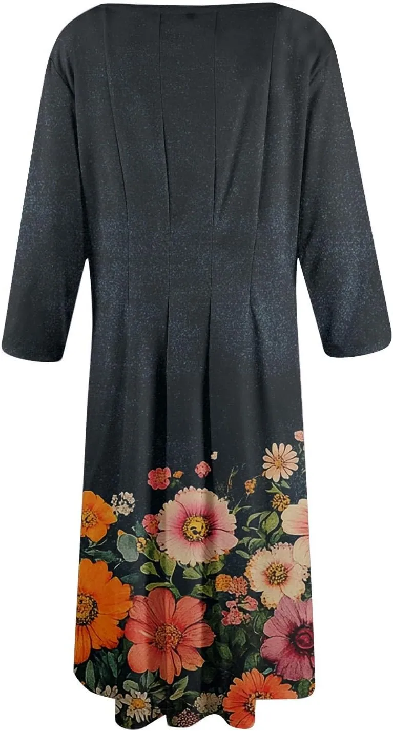 Women's Summer Casual Loose Trendy Crew Neck 3/4 Sleeve Floral Print Midi Boho Dresses 2025 Plus Size, S-3XL