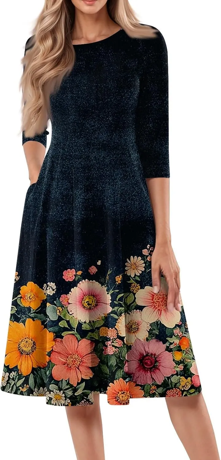 Women's Summer Casual Loose Trendy Crew Neck 3/4 Sleeve Floral Print Midi Boho Dresses 2025 Plus Size, S-3XL