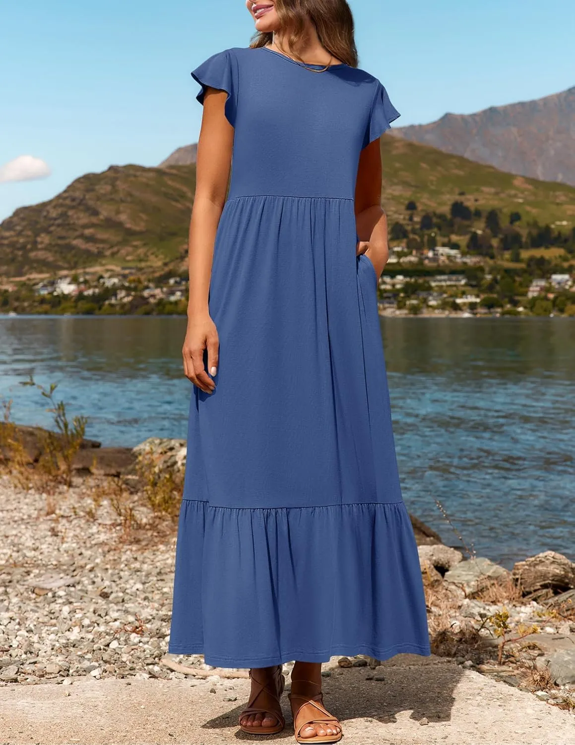 Women's Summer Dress Crew Neck Short Sleeve Dresses Casual Midi Dresses Smocked Elastic Waist Tiered A-Line Dress