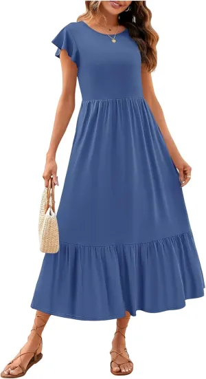 Women's Summer Dress Crew Neck Short Sleeve Dresses Casual Midi Dresses Smocked Elastic Waist Tiered A-Line Dress