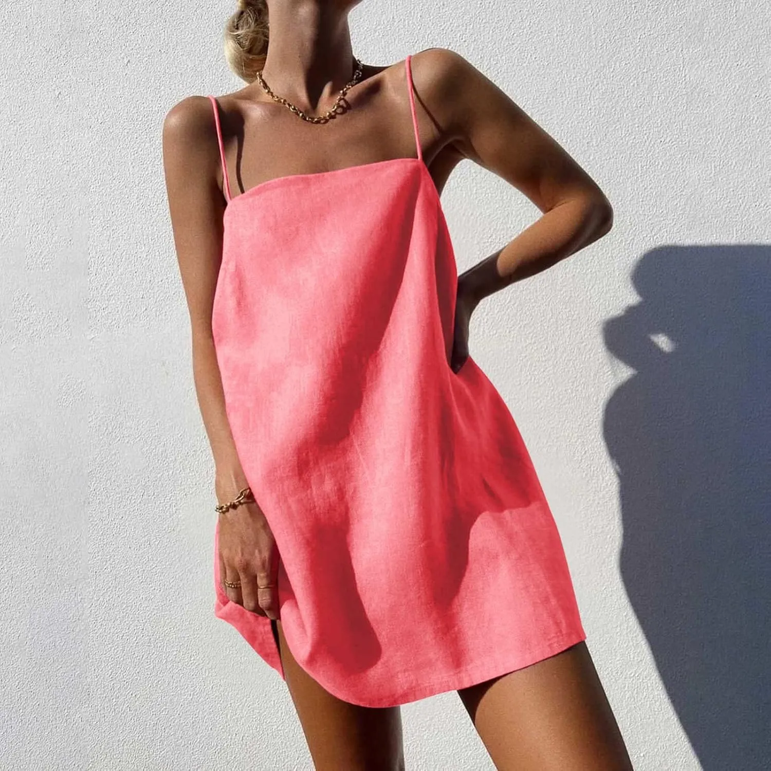 Womens Summer Sleeveless Mini Dress Cotton Linen Spaghetti Strap Sundress Square Neck Solid Beach Camisole Dress